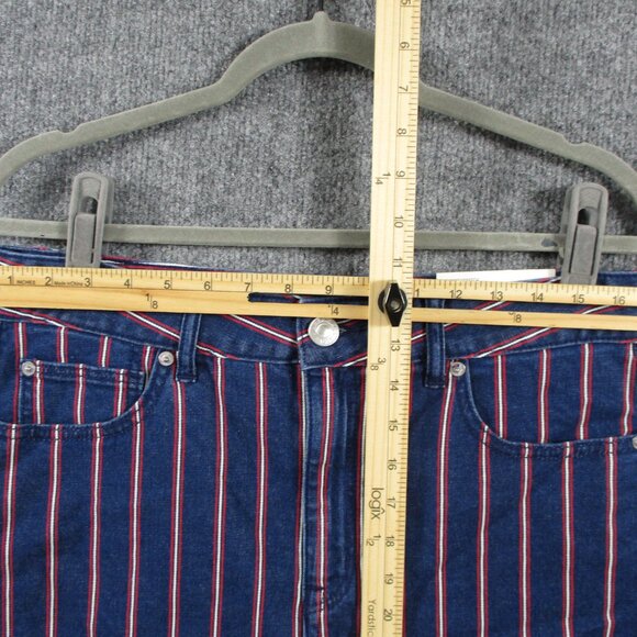 American Eagle Skirt Womens 12 Blue Red Striped Denim Jean Mini Stretch Raw Edge - Picture 9 of 13